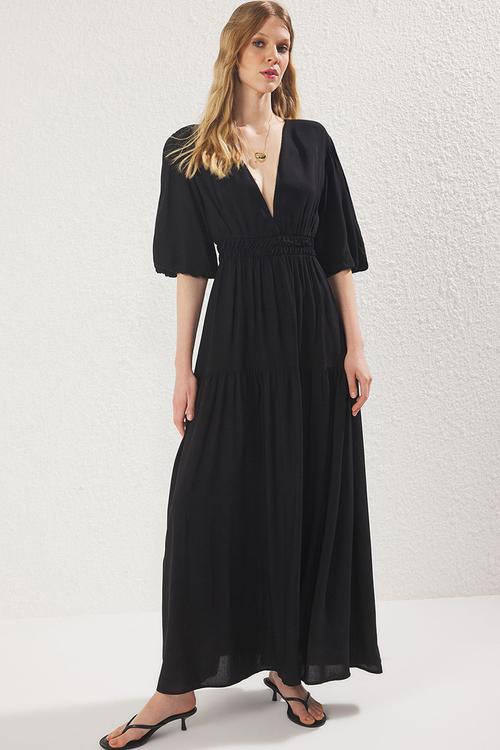 Waist-Cut-Out V-Neck Maxi Dress - Black
