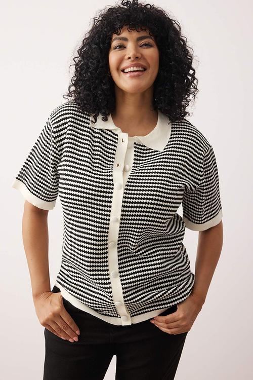 Plus striped transitional knit blouse with polo collar - black-cream