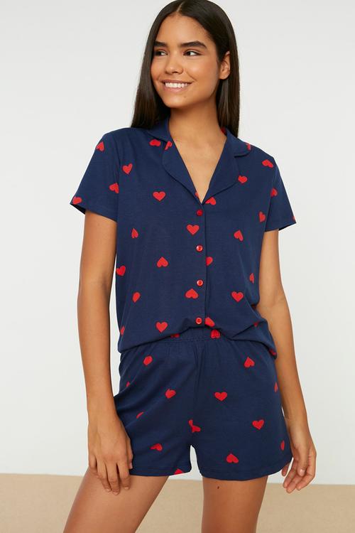 Cotton heart shorts pajama set - navy blue