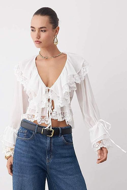 Sheer Lace Detail Ruffle Blouse - Ecru