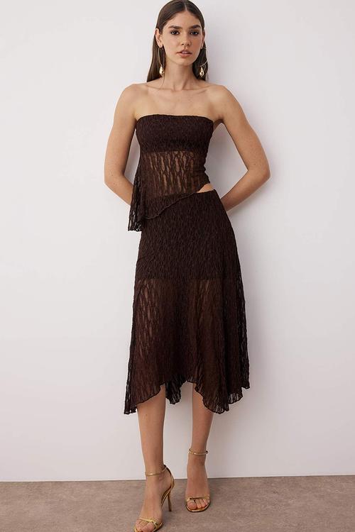 Strapless Lace Top and Bottom Set - Brown