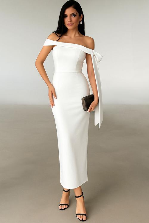 Bodycon Maxi Evening Dress with Shoulder Bow Detail - White