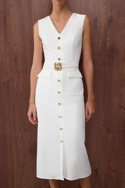 Belted Straight Midi Dress with Accessory Detail - White