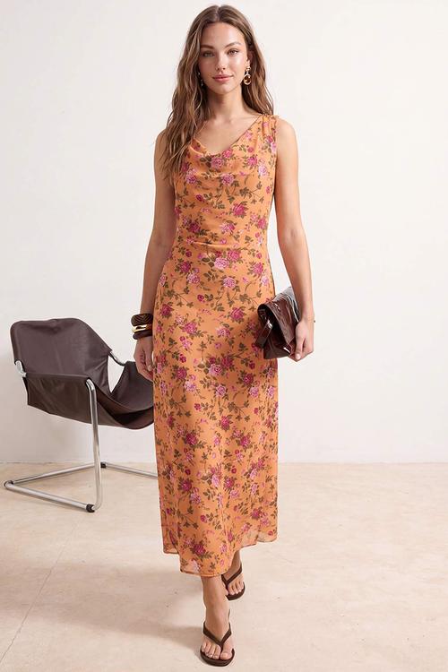 Floral Waist-Cut Degaje Collar Tulle Dress - Orange