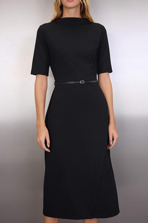 Belted Three-Quarter Sleeve Midi Knit Dress - Black