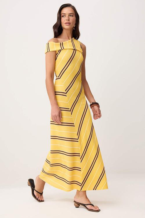 Striped A-Line Asymmetric Neck Knit Dress - Yellow