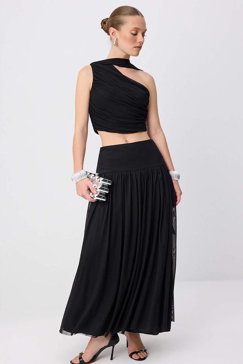 Asymmetric Collar Tulle Top and Bottom Set - Black