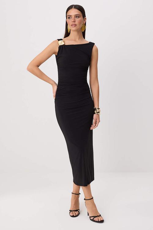 Accessory Detail Fitted Maxi Dress - Black
