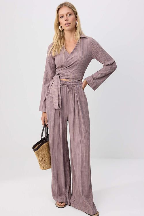 Double-Breasted Blouse and Relaxed-Fit Trousers Set - Grey