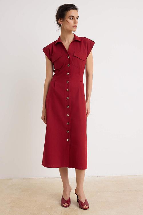 Accessory Detail Buttoned Midi Shirt Dress - Red