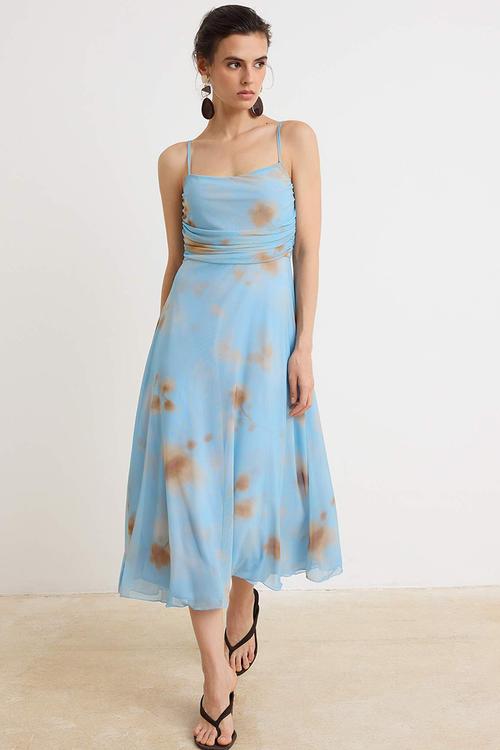 A-Line Tulle Midi Dress with Thin Straps - Blue