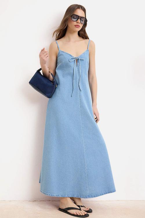 Tencel Blend Strappy Maxi Denim Dress - Blue