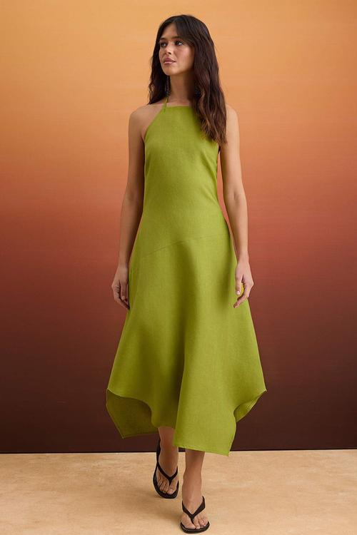 Asymmetric Linen Halter Neck Midi Dress - Oil Green