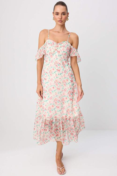 Floral Heart Neck A-Line Midi Chiffon Dress - Multi