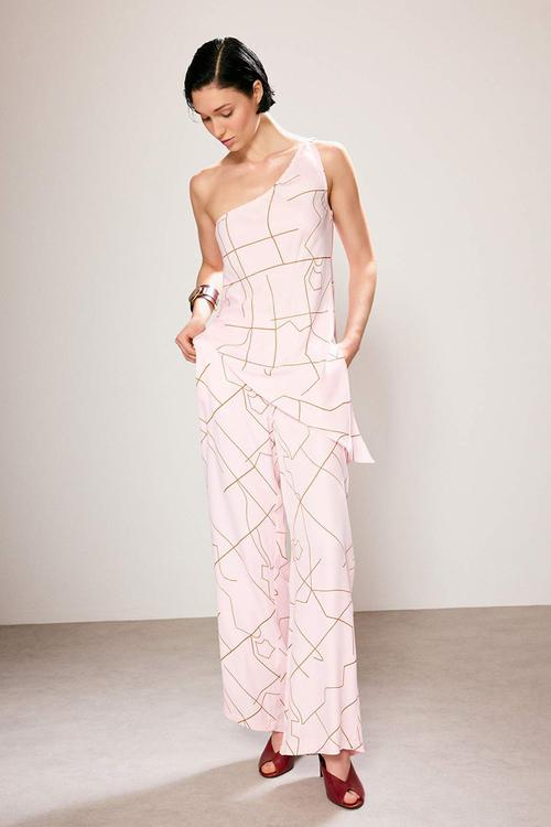 Patterned Satin Trousers with Elasticated Waist - Pink