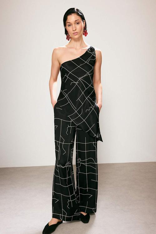 Patterned Satin Trousers with Elasticated Waist - Black