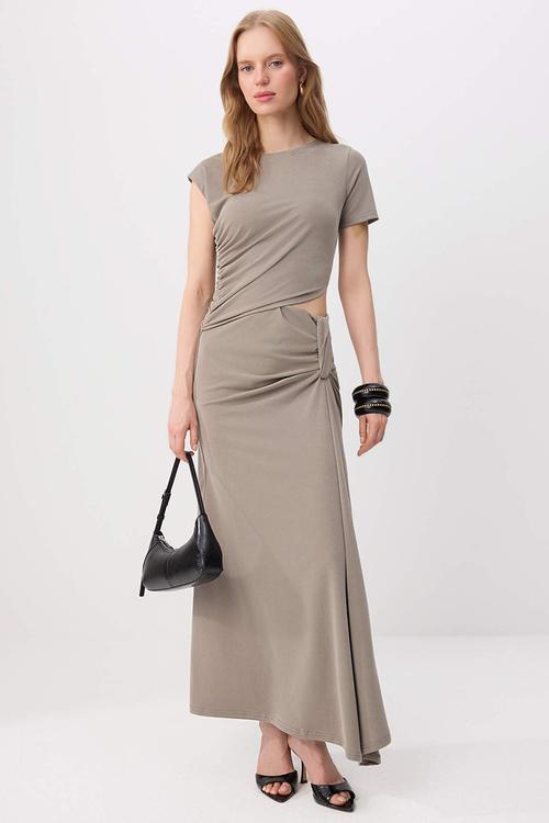 Fitted Window Detail Maxi Modal Knit Dress - Light Khaki