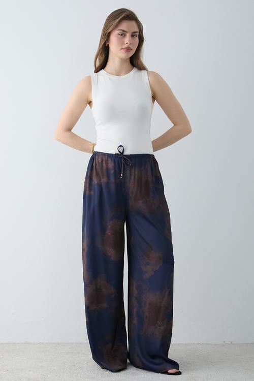 Gradient Print Satin Wide-Leg Trousers - Navy Blue