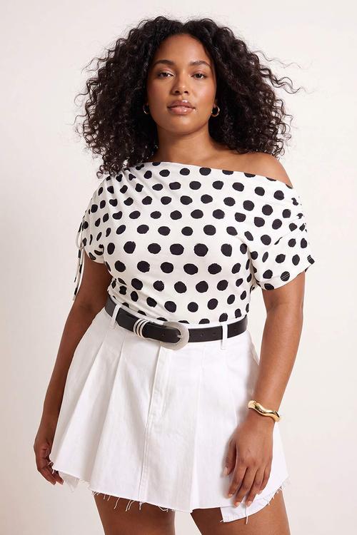 Plus polka dot patterned boat neck ruched blouse - ecru