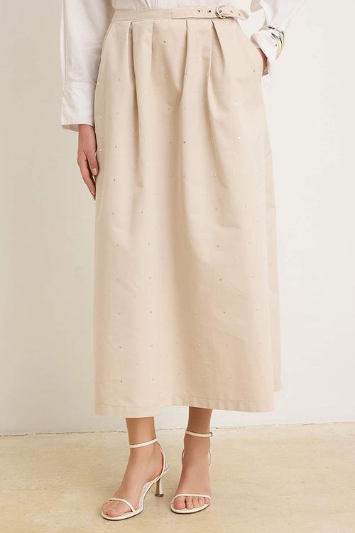Long Denim Skirt - Beige