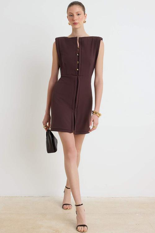 Button Detail Mini Dress - Brown