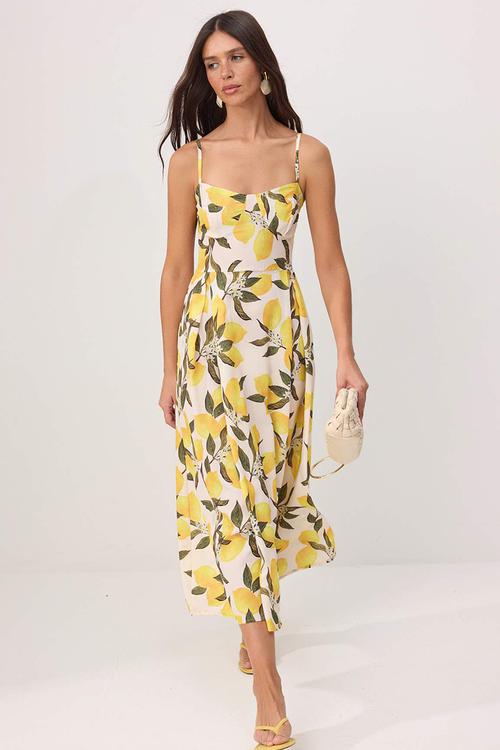 Lemon Print Strappy A-Line Maxi Dress - Multicolour