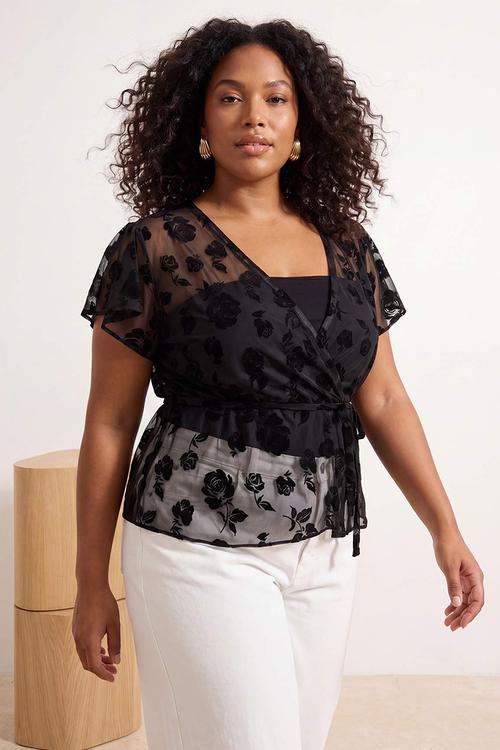 Plus flock printed tulle sheer knit top - black