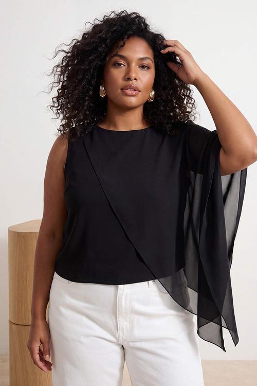 Plus chiffon half cape top - black