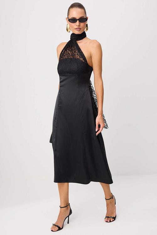 Shawl Collar A-Line Satin Midi Dress - Black
