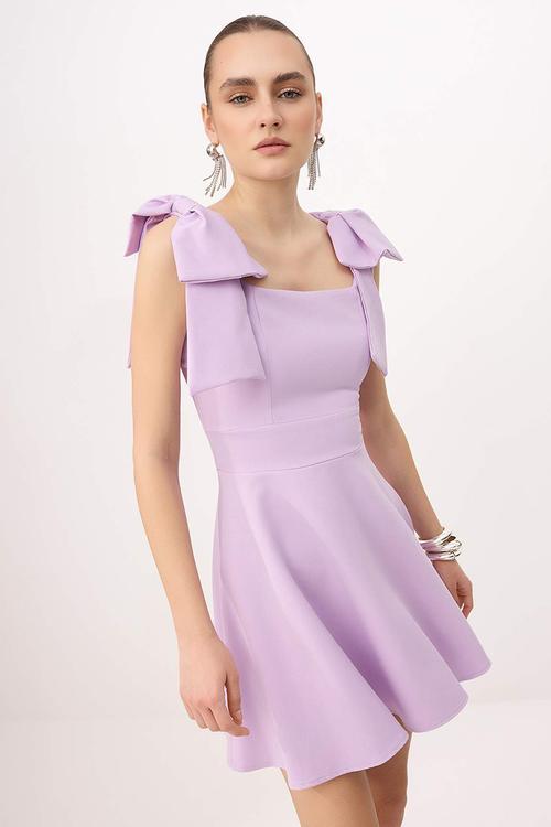 Shoulder Ribbon Detail Mini Dress - Lilac