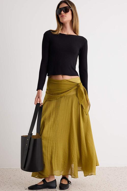 Tie-Dye Detail Lined Maxi Skirt - Oil Green