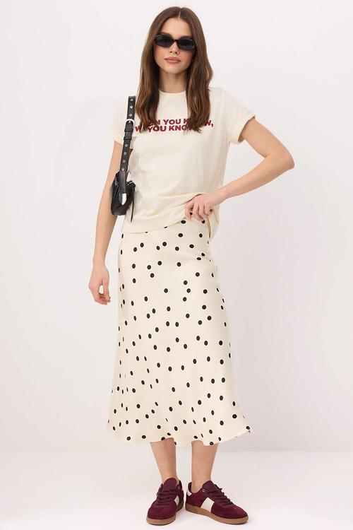 Polka Dot Satin Midi Skirt - Ecru