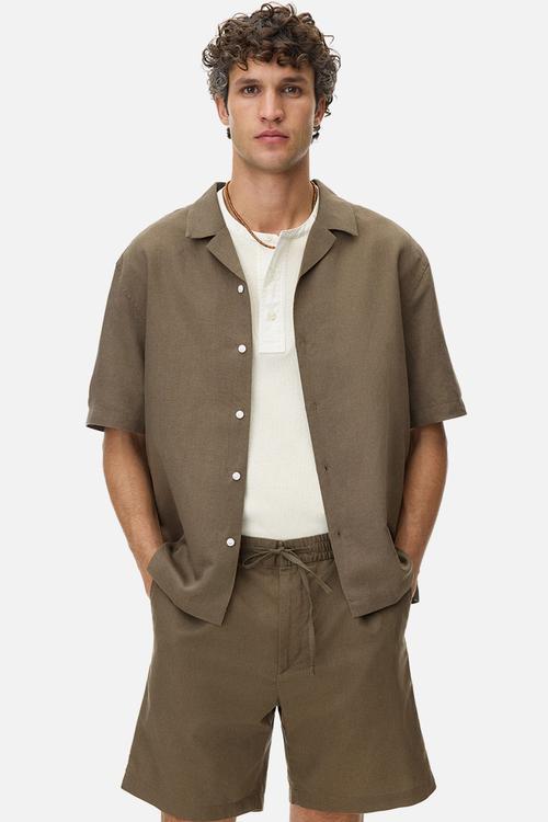Regular fit linen-blend shorts - khaki green