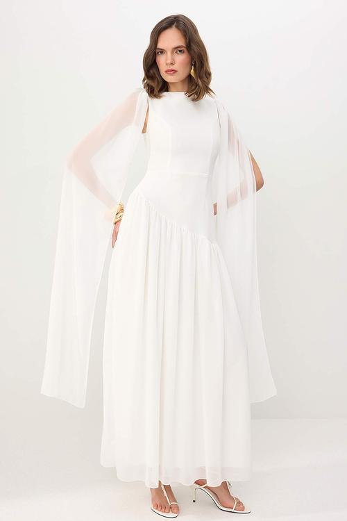 Chiffon Maxi Party Dress with Shawl Detail - White