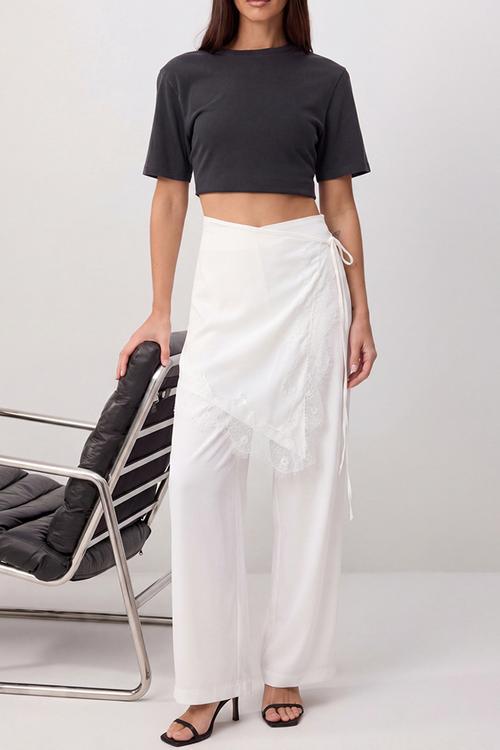 Shawl Detail Wide-Leg Satin Trousers - White