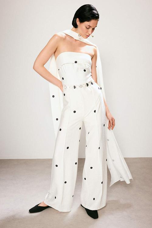 Polka Dot Strapless Jumpsuit - white