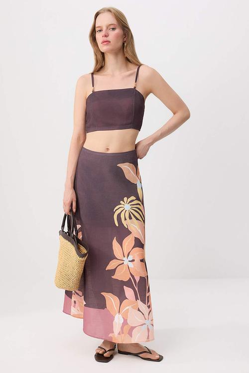 Beaded Strap Floral Print Top and Midi Skirt Set - Multicolour