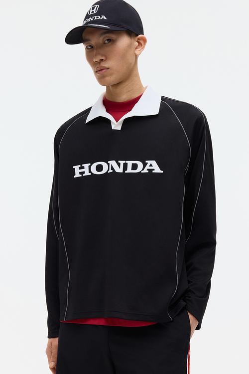 Loose fit printed polo shirt - black/honda