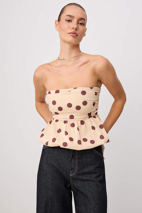 Strapless Balloon-Fit Polka Dot Blouse - Neutral