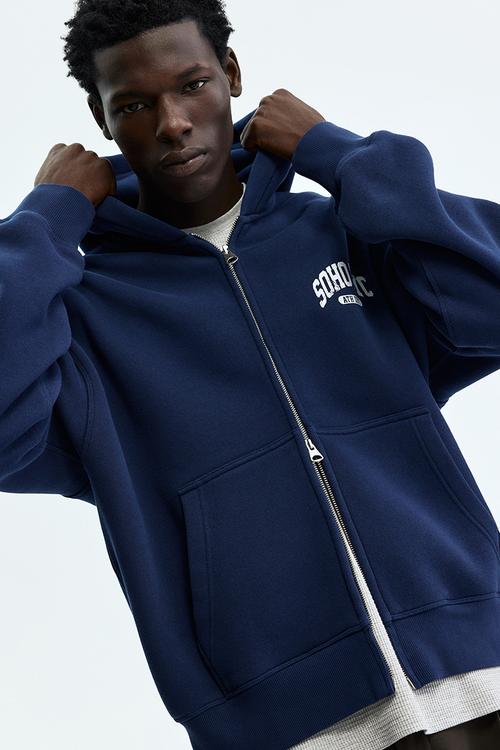Oversized fit printed zip-through hoodie - navy blue/soho nyc