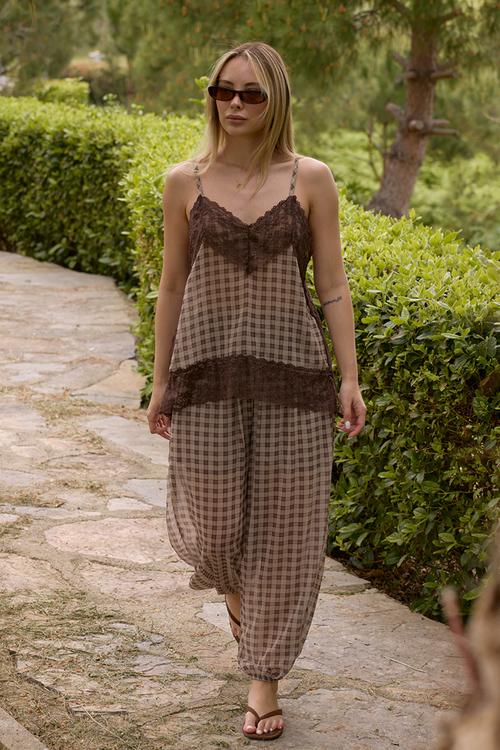 Plaid Lace Detail Strappy Blouse and Trousers Set - Brown