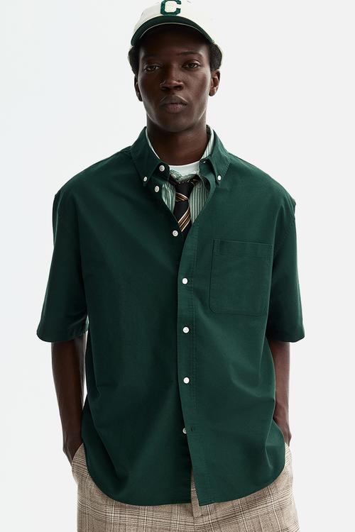 Relaxed fit short-sleeved oxford shirt - dark green