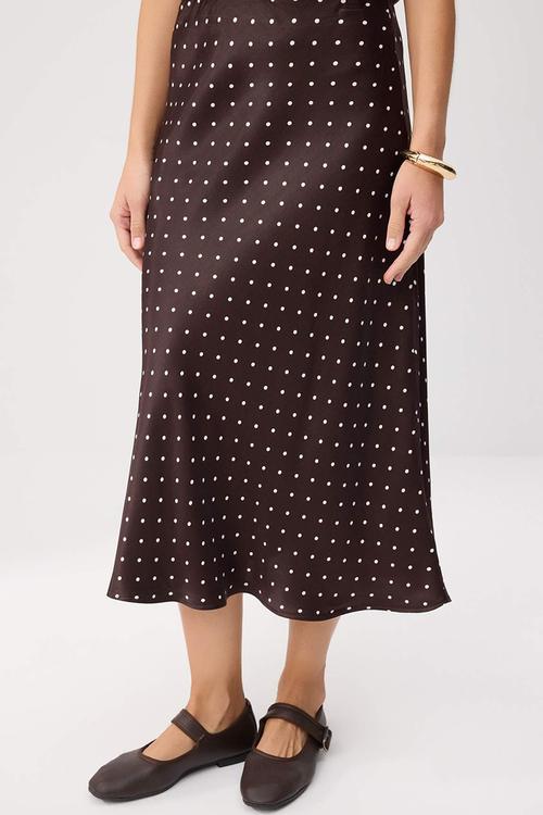 Polka Dot Satin Midi Skirt - Brown