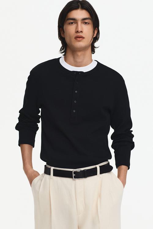 Slim fit ribbed henley shirt - black