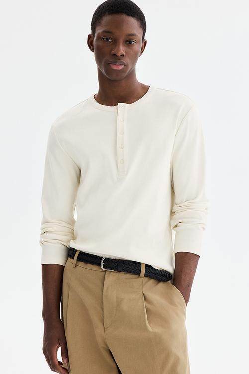 Slim fit ribbed henley shirt - cream