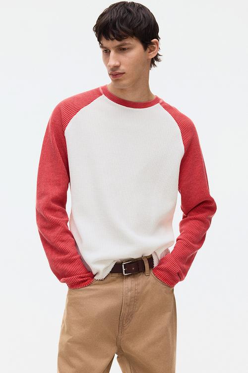 Regular fit waffled jersey top - red/colour block
