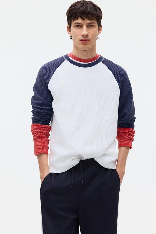 Regular fit waffled jersey top - dark blue/colour block