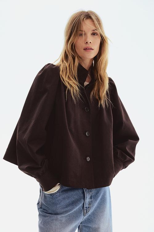 Puff-sleeved twill jacket - dark brown