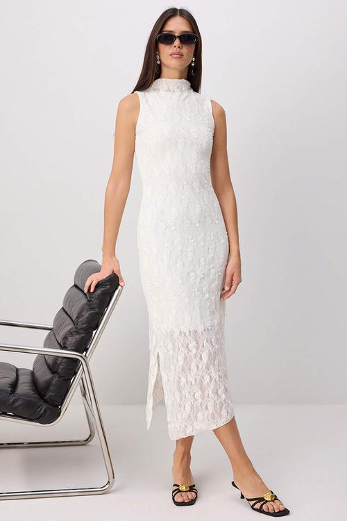 Lace-Lined Bodycon Maxi Dress - Ecru