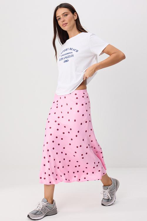 Polka Dot Satin Midi Skirt - Pink
